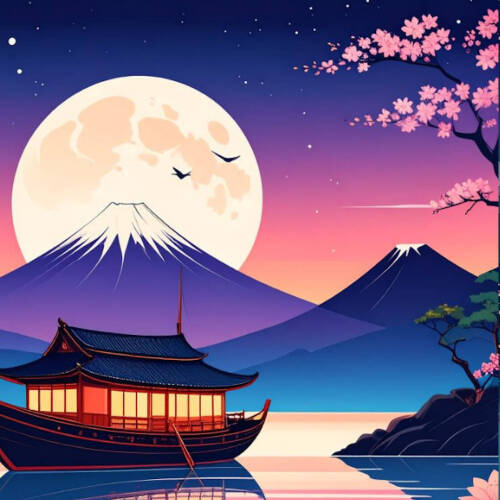 AI generated image of a Japanese night scene with the moon and boat on water.